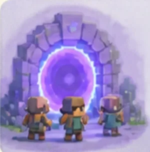 Drei Figuren vor einem Portal