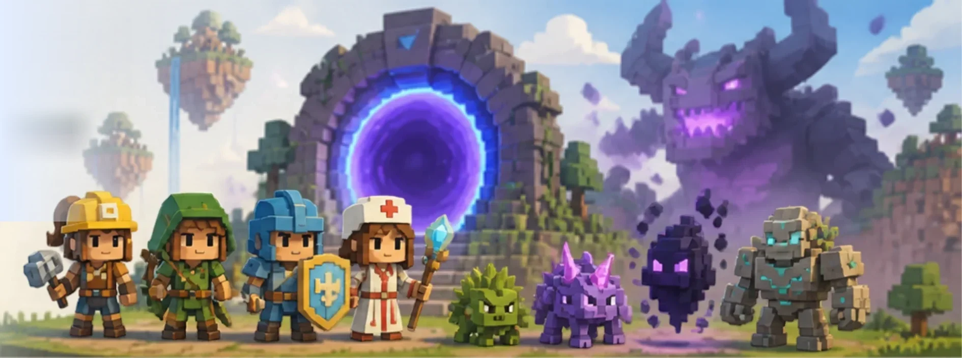 Vier Heldinnen und Helden im Voxel-Stil vor einem leuchtenden Portal, daneben Dornling, Kristallhorn, Leerengeist, Splitterwächter und der Weltboss Varkhul